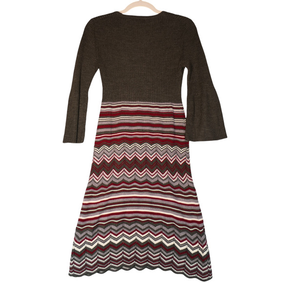 London Times Midi Sweater Dress Womens M Gray Maroon Chevron Lighter Weight Boho - Picture 4 of 9